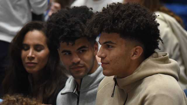 Nov 10, 2023; Durham, North Carolina, USA; Duke Blue Devils recruits Cameron (left) and Cayden Boozer look on during the first half between Duke and the Arizona Wildcats at Cameron Indoor Stadium. Mandatory Credit: Rob Kinnan-USA TODAY Sports